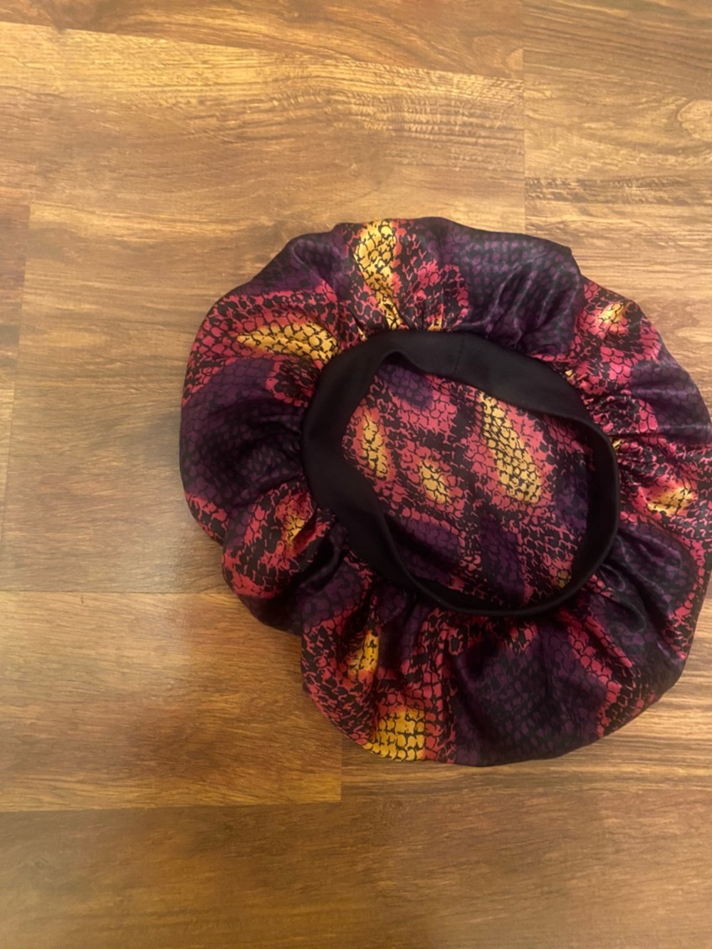 SHEIN Satin Snake-Print Hair Bonnet in Purple, Yellow & Pink